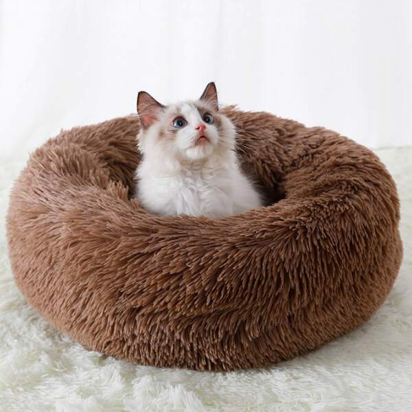 

1pc Round Plush Pet Bed, Brown