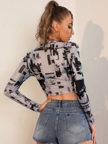 SHEIN Coolane Slogan & Statue Of Liberty Print Sheer Mesh Crop Top - Multicolor - View 2