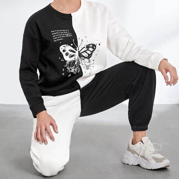 

Butterfly & Slogan Graphic Two Tone Drop Shoulder Pullover And Sweatpants, Black and white