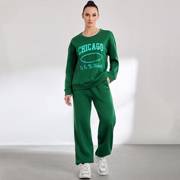 

Slogan Graphic Drop Shoulder Pullover & Sweatpants, Green