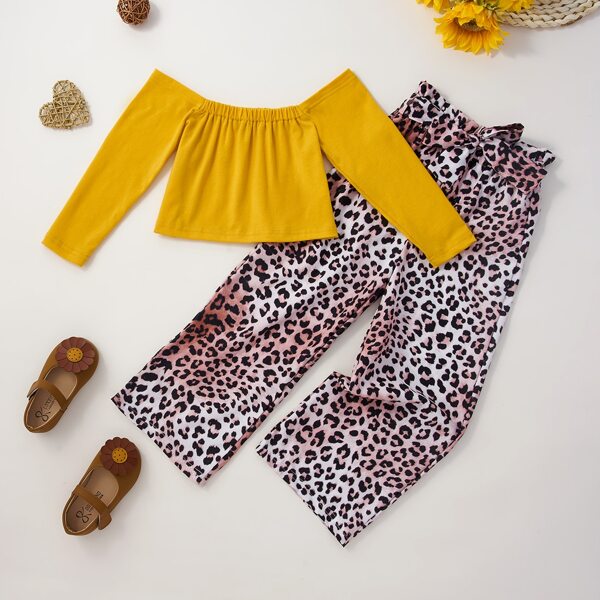 

Toddler Girls Solid Off Shoulder Top & Leopard Print Belted Pants, Multicolor