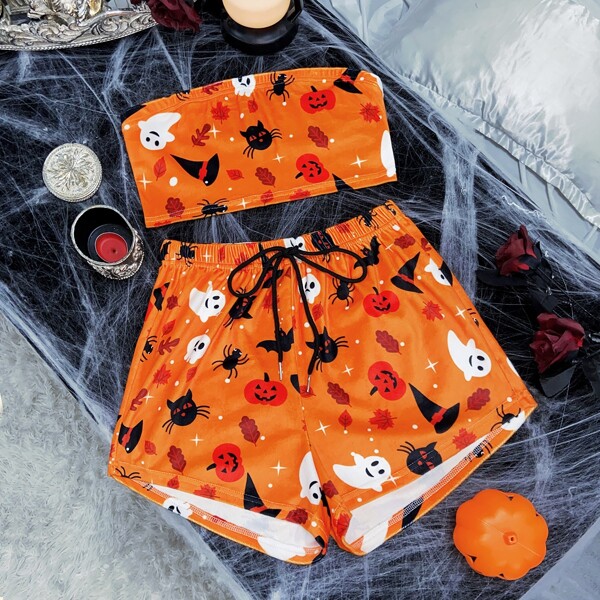 

Halloween Print Tube Top & Knotted Front Shorts PJ Set, Orange