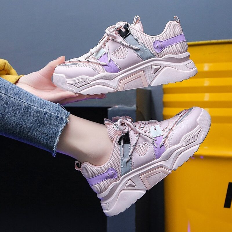 

Lace-up Front Mesh Panel Heart Design Chunky Sneakers, Pink
