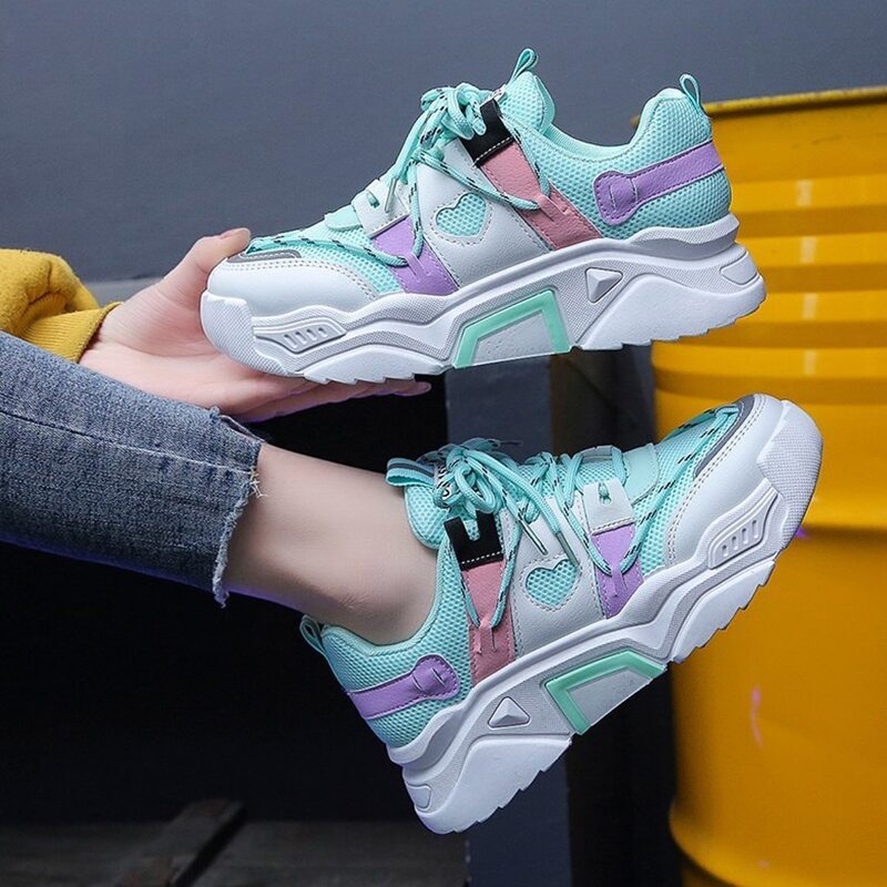 

Lace-up Front Heart Pattern Mesh Panel Chunky Sneakers, Blue