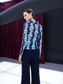 SHEIN Unity 胸部褶皺植物圖案V領T恤 - 彩色 - 查看 3