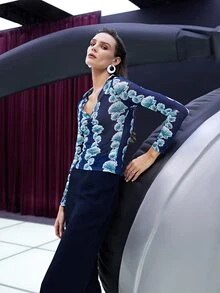 SHEIN Unity 胸部褶皺植物圖案V領T恤 - 彩色 - 查看 4