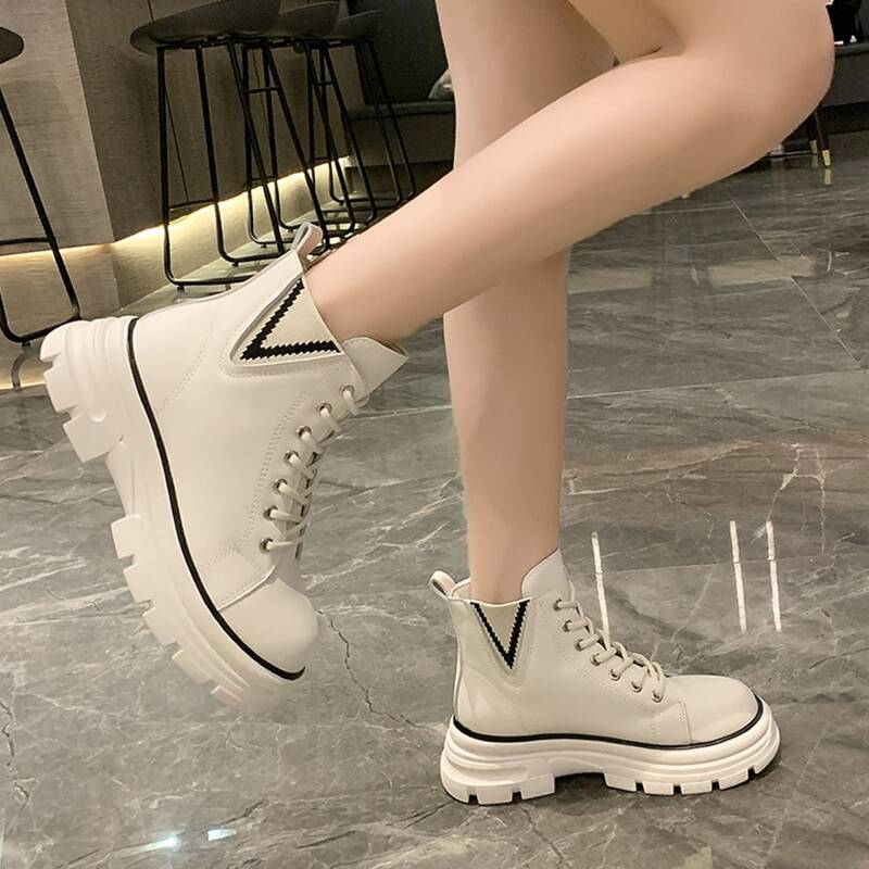 

Lace-up Front Round Toe Combat Boots, Beige