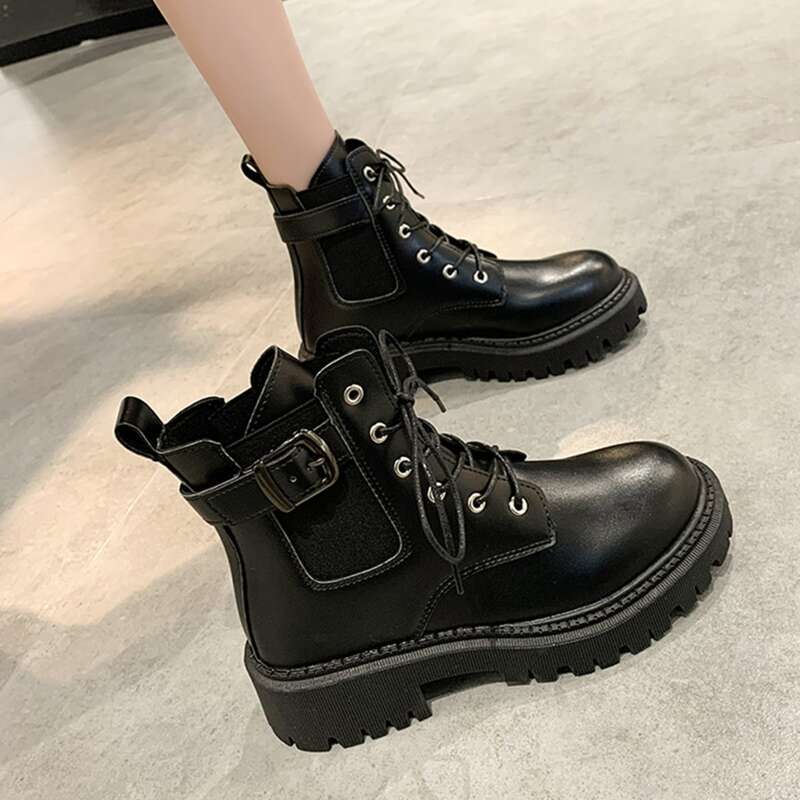 

Buckle Decor Lace-up Front Combat Boots, Black