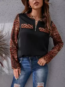 SHEIN LUNE Áo sơ mi Dây kéo Khối Màu Báo Giải trí - màu đen - Xem 1