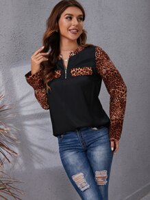 SHEIN LUNE Áo sơ mi Dây kéo Khối Màu Báo Giải trí - màu đen - Xem 4