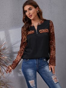 SHEIN LUNE Áo sơ mi Dây kéo Khối Màu Báo Giải trí - màu đen - Xem 6