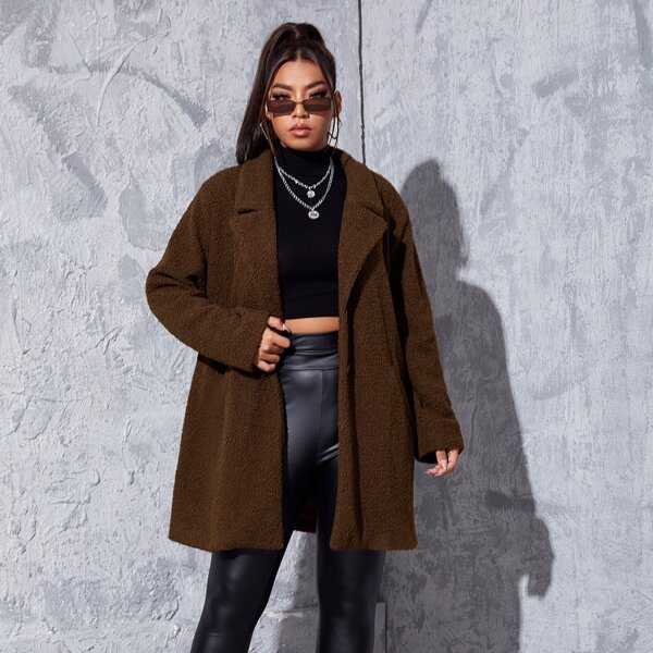 

Plus Solid Lapel Neck Single Breasted Teddy Coat, Chocolate brown
