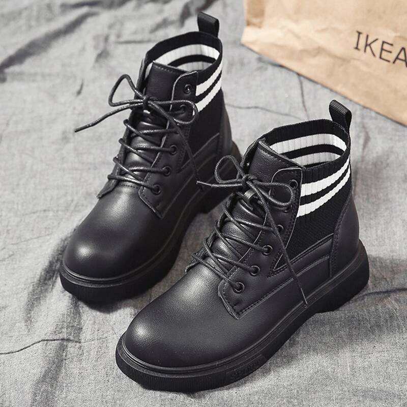 

Lace-up Front Striped Combat Boots, Black