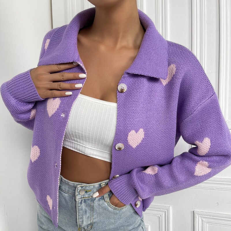 

Heart Pattern Drop Shoulder Cardigan, Mauve purple