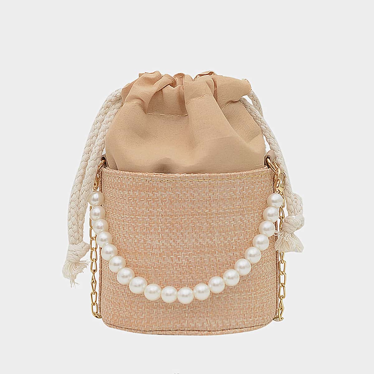 

Drawstring Faux Pearl Handle Chain Strap Bag, Khaki