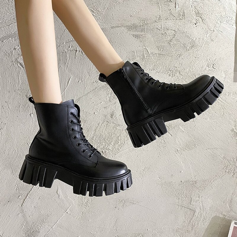

Lace-up Front Lug Sole Boots, Black