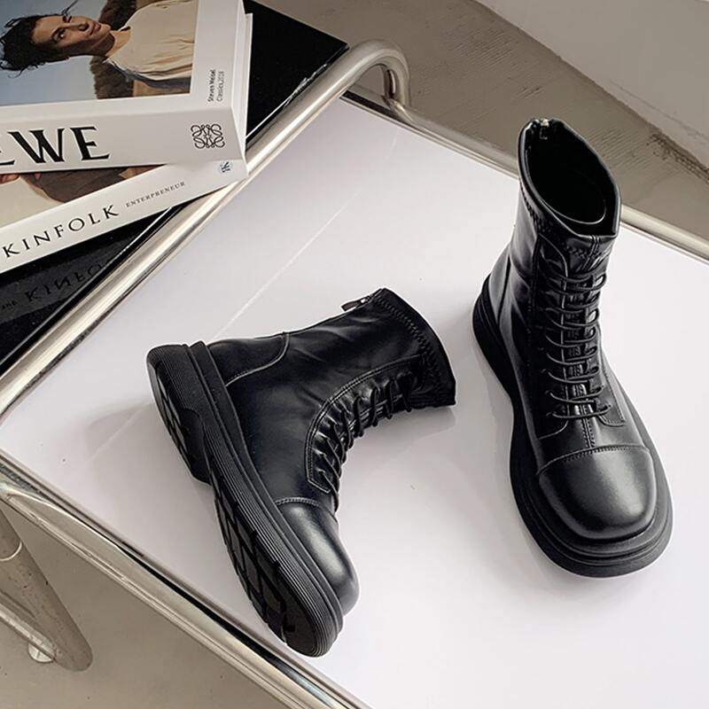 

Lace-up Front Back Zipper Combat Boots, Black