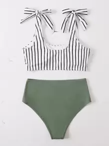 SHEIN Swim Summer Beach Striped Knot High Waisted Bikini - Multicolor - View 1