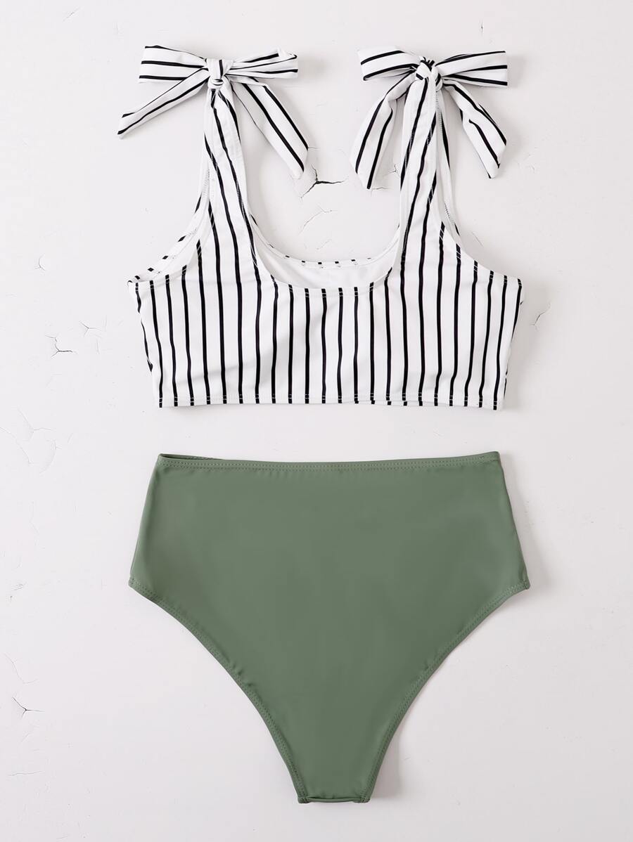 SHEIN Swim Summer Beach Striped Knot High Waisted Bikini - Multicolor - View 1