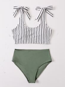 SHEIN Swim Summer Beach Striped Knot High Waisted Bikini - Multicolor - View 2