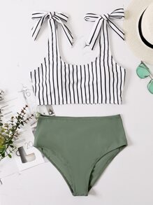 SHEIN Swim Summer Beach Striped Knot High Waisted Bikini - Multicolor - View 4