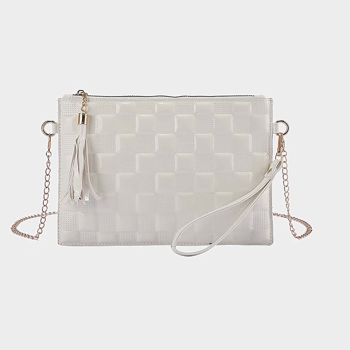 

Tassel Decor Zipper Up Clutch Bag, White