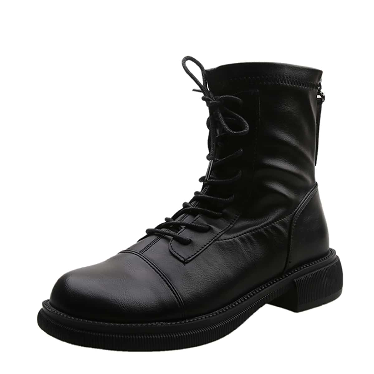 

Lace-up Front Back Zipper Combat Boots, Black