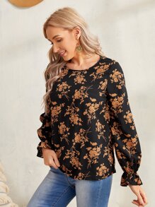 SHEIN 印花荷葉袖上衣 - 彩色 - 查看 1