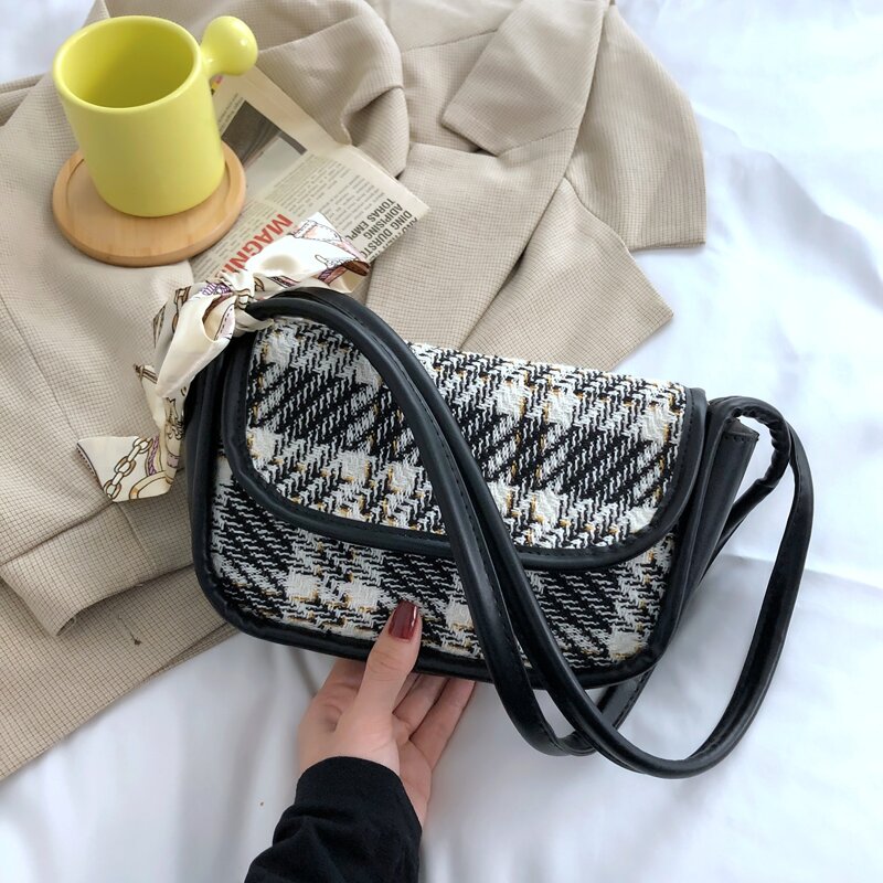 

Twilly Scarf Decor Tweed Shoulder Bag, Black and white