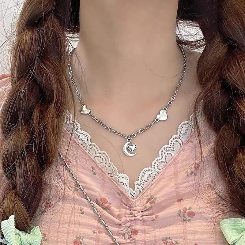 

Heart & Moon Pendant Necklace, Silver