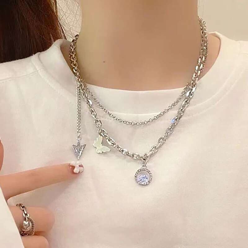 

Butterfly Decor Layered Chain Necklace, Silver