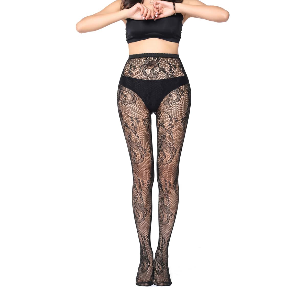 

Flower Print Fishnet Tights, Black
