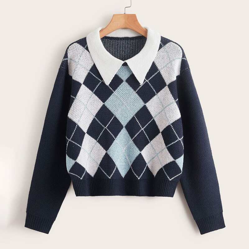 

Argyle Pattern Contrast Collar Sweater, Multicolor