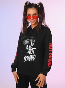 SHEIN Capucha con estampado de figura y slogan de hombros caídos con cordón - Negro - Ver 2