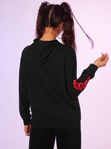 SHEIN Capucha con estampado de figura y slogan de hombros caídos con cordón - Negro - Ver 3