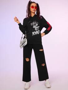 SHEIN Capucha con estampado de figura y slogan de hombros caídos con cordón - Negro - Ver 4