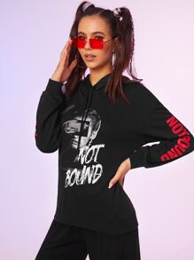 SHEIN Capucha con estampado de figura y slogan de hombros caídos con cordón - Negro - Ver 6