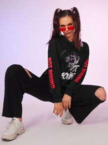 SHEIN Capucha con estampado de figura y slogan de hombros caídos con cordón - Negro - Ver 1
