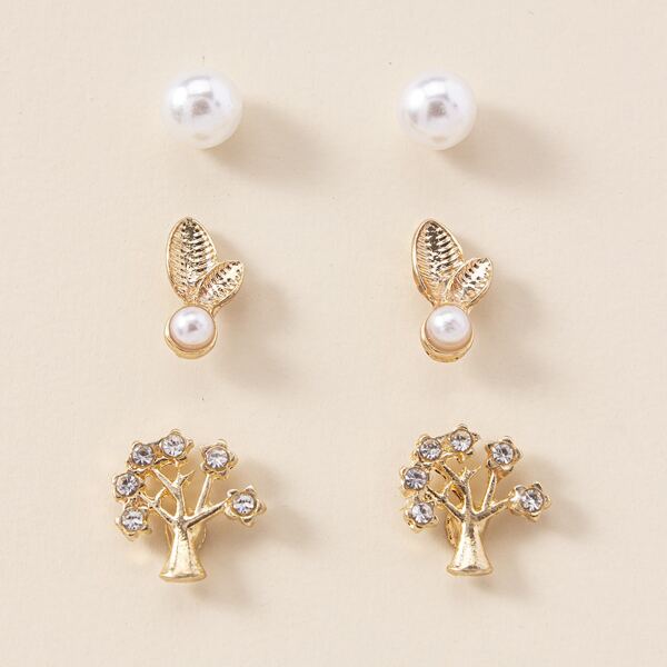 

3pairs Tree & Leaf Stud Earrings, Gold