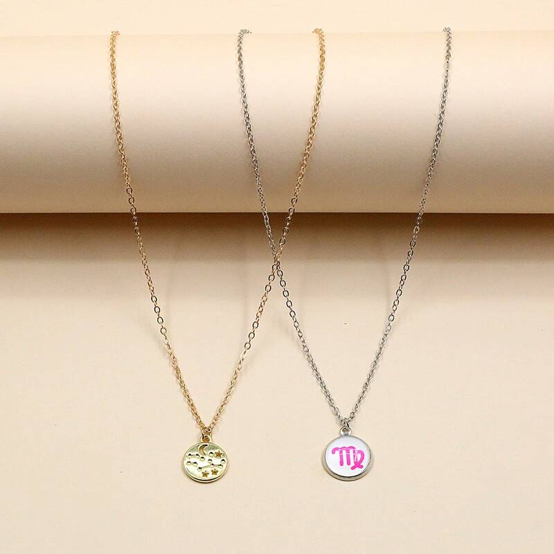 

2pcs Constellation Pendant Necklace, Multicolor
