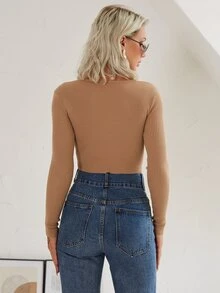 Knit Mix Áo len chui đầu tay dài cổ chữ V, áo dệt kim thanh lịch - Màu Khaki - Xem 2