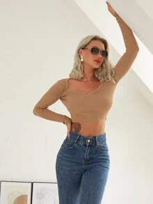 Knit Mix Áo len chui đầu tay dài cổ chữ V, áo dệt kim thanh lịch - Màu Khaki - Xem 3