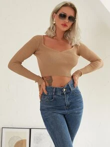 Knit Mix Áo len chui đầu tay dài cổ chữ V, áo dệt kim thanh lịch - Màu Khaki - Xem 5