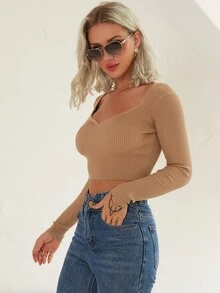 Knit Mix Áo len chui đầu tay dài cổ chữ V, áo dệt kim thanh lịch - Màu Khaki - Xem 6