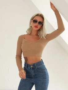 Knit Mix Áo len chui đầu tay dài cổ chữ V, áo dệt kim thanh lịch - Màu Khaki - Xem 7