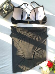 SHEIN Swim Conjunto de bikini de una pieza con parte superior push-up, Bottom de corte alto y falda pareo de 3 piezas para traje de baño, para verano y vacaciones en la playa