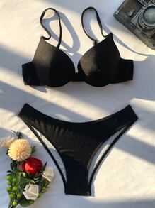 SHEIN Swim Conjunto de bikini de una pieza con parte superior push-up, Bottom de corte alto y falda pareo de 3 piezas para traje de baño, para verano y vacaciones en la playa