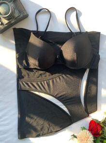 SHEIN Swim Conjunto de bikini de una pieza con parte superior push-up, Bottom de corte alto y falda pareo de 3 piezas para traje de baño, para verano y vacaciones en la playa