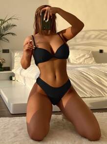 SHEIN Swim Conjunto de bikini de una pieza con parte superior push-up, Bottom de corte alto y falda pareo de 3 piezas para traje de baño, para verano y vacaciones en la playa