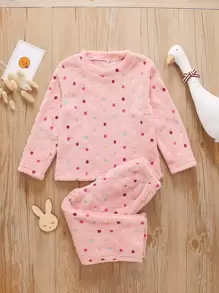 SHEIN Young Girl Polka Dot Flannel Sweatshirt & Pants - Coral Pink - View 1